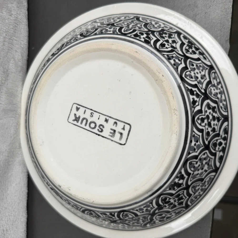 Le Souk Ceramique Tunisia Hand Painted Black White Geometric Ceramic Tagine 10in